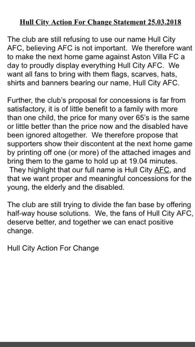 HCAction4Change's tweet photo. 1. We would like to release the following statement regarding action at the next home game against Aston Villa.  This protest will require some work from you,  so please retweet/share so as many get the message as possible. #HCAFCDay 

(NB; final image is in next tweet) https://t.co/q5vYEcunZn