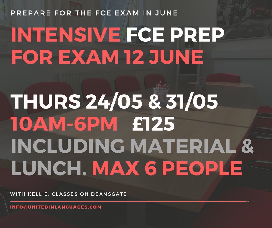 Intensive FCE and CAE preparation courses with Kellie in Manchester 🇬🇧
The price includes help before, homework correction, additional materials online, and lunch in a restaurant both days! 
Max 6 places.
Register with Kellie - info@unitedinlanguages.com ✍️
