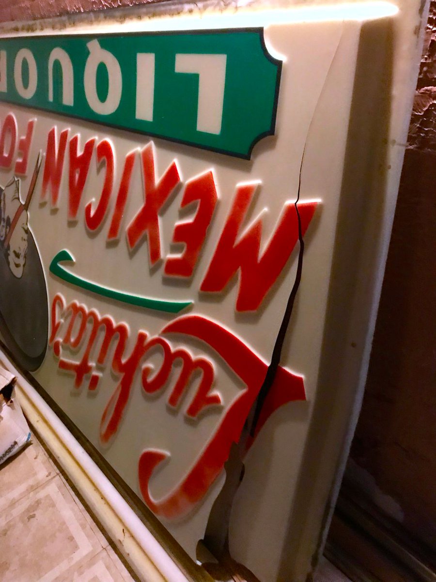 Our 36 year old sign blew down a few weeks ago during the last winter winds/storms. It's pretty much intact but the metal attached to the building needs to be fixed/replaced before we can put her back up. Thanks for all the inquiries &amp; concern, we're taking good care of her!