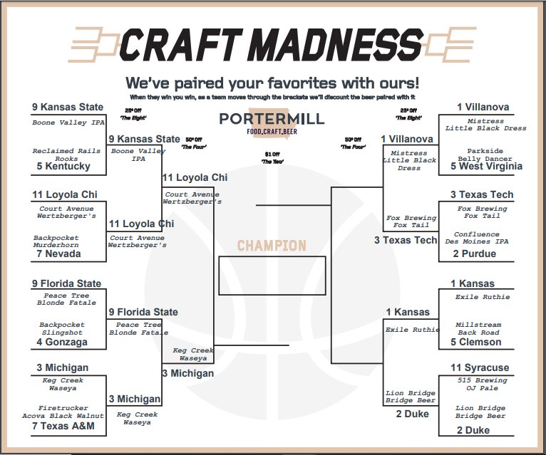 PortermillDSM's tweet photo. Congrats to @CourtAveBrew &amp; @KegCreekBrewing for making it to "The Four"!  Traveling via @dsmairport - stop in to Portermill for $0.50 off Wertzberger &amp; Waseya! Cheers 🍻🏀🍻 https://t.co/Tg7oqsUVoy