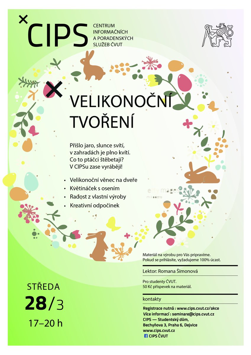 Chcete si vyrobit velikonoční věnec na dveře nebo květináček s osením? Na VELIKONOČNÍ TVOŘENÍ v CIPS je volné místo. Registrace: cips.cvut.cz/akce