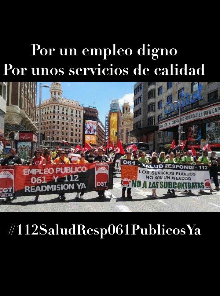 #112SaludResp061PublicosYa
Precarizar la calidad en el trabajo es precarizar la calidad en el servicio
<a href="/protestona1/">Protestona ۞</a> <a href="/El_Intermedio/">El Intermedio</a> @spiriman <a href="/virgen_madre/">Virgensita</a> <a href="/justiciasanidad/">Justicia por la Sanidad</a>  <a href="/PNL112_Granada/">PNL112_Granada</a> <a href="/TeresaRodr_/">Teresa Rodríguez 🇵🇸 ۞</a> <a href="/vmm7773/">Perra Roja De Satán</a> <a href="/Gestores112Eus/">Gestores 112 Euskadi</a> <a href="/GalizAmbulancia/">GALICIAMBULANCIA</a> @GE_BOMBEROCADIZ