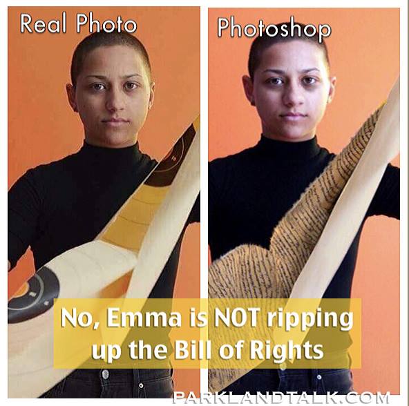 constitutionsue's tweet photo. Coral Springs Talk
FAKE NEWS: There is a photo making the rounds of Emma Gonzales ripping up the Bill of Rights. This is photoshop and has made believers out of those that still believe that our kids are "crisis actors." 
Emma was photographed ripping up a bullseye for Teen Vogue https://t.co/STLLsBlBSN