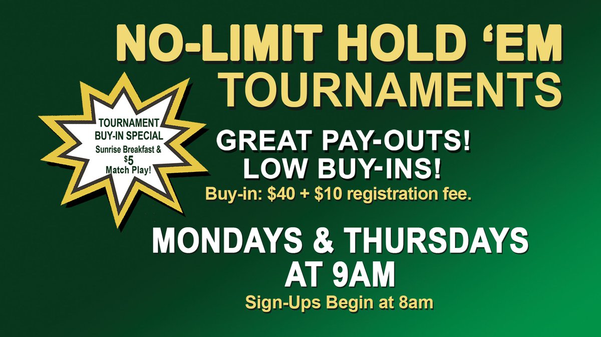 NPcasino's tweet photo. Poker tournament alert: 
Tomorrow’s No-Limit-Hold’Em tournament starts at 9am in the #LastFrontierCasino #PokerRoom.  Low buy-in, great pay-outs! https://t.co/2x7eDwj5dH