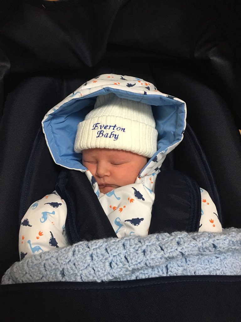So had a new addition to the <a href="/Everton/">Everton</a> family this morning my beautiful little boy and future season ticket holder with me Jayden! Had his little Everton baby hat on for his first journey out of hospital and into the world! X #EFC #COYB #evertonbaby #futurestriker