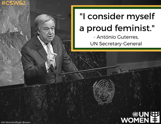 UN_Women's tweet photo. During #CSW62, UN Secretary-General @antonioguterres told the world that he is a proud feminist.

Are you? https://t.co/zgSFfXUOHd