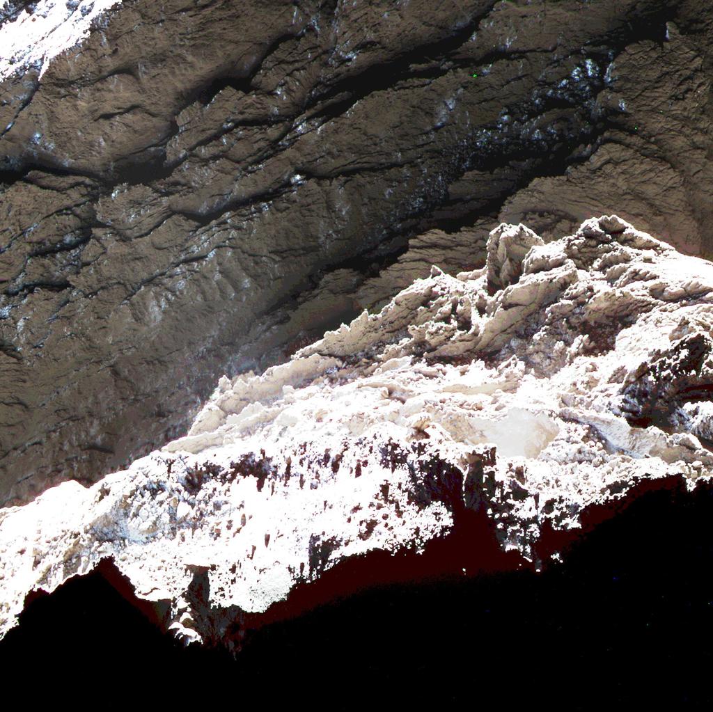 rdrimmel's tweet image. Wow! @landru79 has made a remarkable image from @ESA_Rosetta data of #comet #67P. Look at the layering and exposed ice patches!