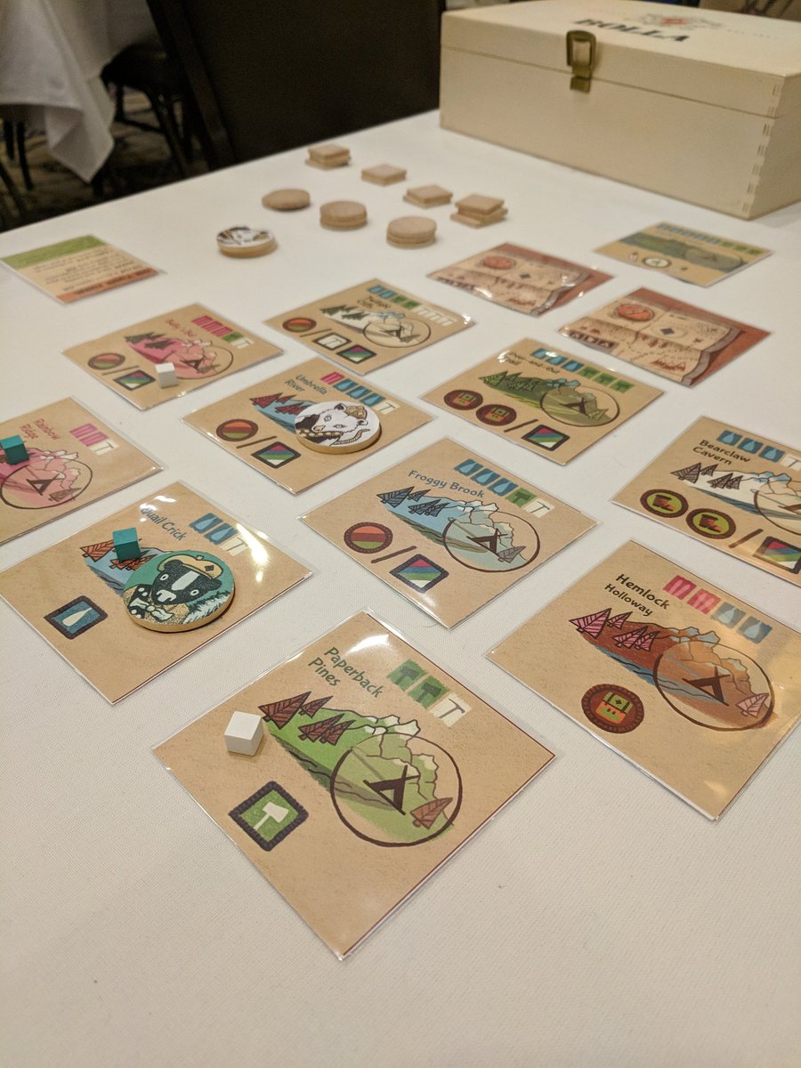 PeterLMcPherson's tweet photo. A round of Scouts by @StephenBDavies at #Unpub5 — extremely thematic and charming artwork, done by the designer himself! #boardgames #unpub https://t.co/rCWqkm2y8S