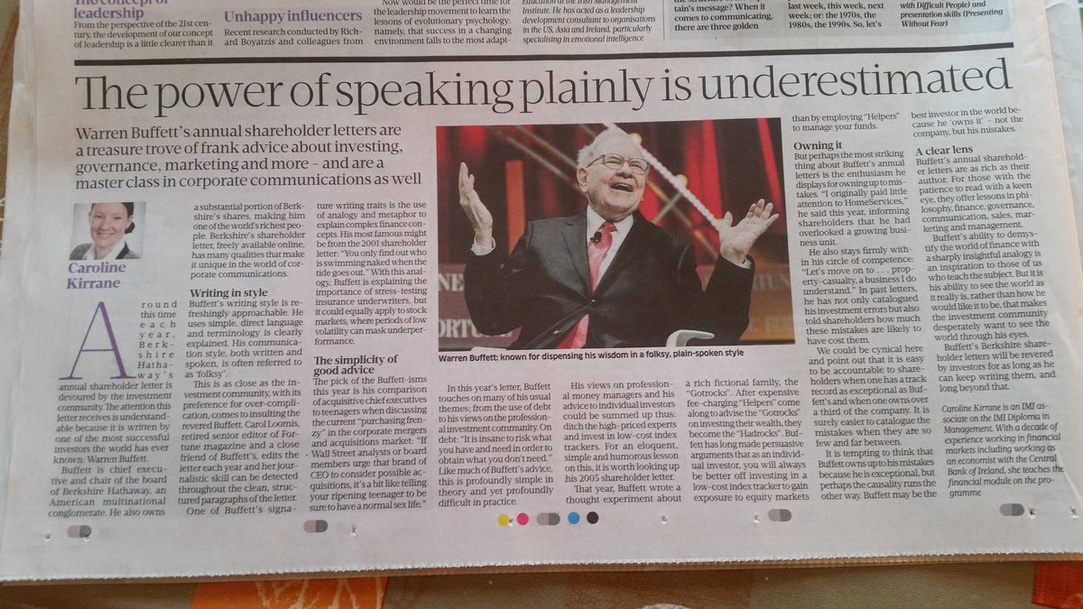 CarolineKirrane's tweet photo. Delighted to have an article in @sundaybusiness today on a topic close to my heart - @WarrenBuffett's annual @berkshire shareholder letter. These letters are about the best source of finance learning you could find, I could easily have written 10 articles about them! @IMI_Ireland https://t.co/WkdNdg97Bb