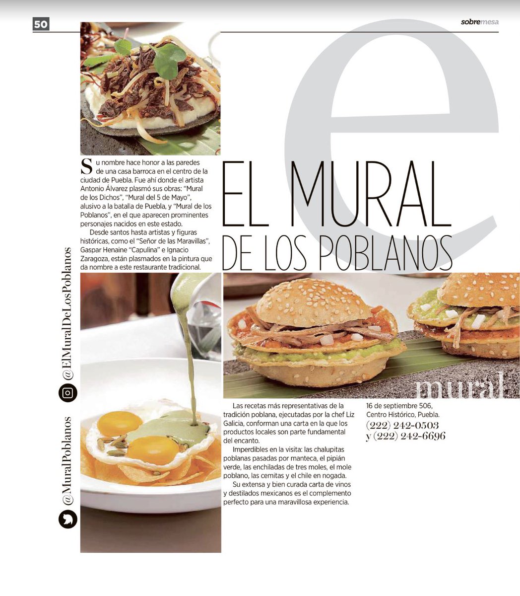 Hoy en Sobremesa, suplemento mensual de <a href="/Reforma/">REFORMA</a>, échele uno ojo a mi colaboración “Comer como los ángeles”:

<a href="/Augurio_Puebla/">Augurio</a> con el Chef <a href="/angelintro/">Angel Intro</a>, 
<a href="/moyuelorest/">Moyuelorest</a> con el Chef @fernandohdezr, 
<a href="/comalcocina/">Comal Cocina Antojo</a> y <a href="/muralpoblanos/">Mural de los Poblanos</a> con la Chef <a href="/liz_galicia/">liz galicia</a>. 

¡Imperdibles de #Puebla!