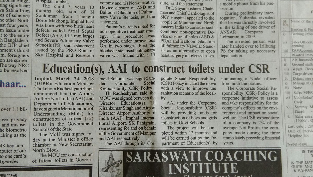 MOU signed between Airport Director,Imphal airport &amp; Director,Education(S) on 24-03-2018 in the O/O Hon'ble Minister,Education,labour &amp; Employment,Govt of Manipur for making Toilets in 15 govt schools under CSR scheme of AAI