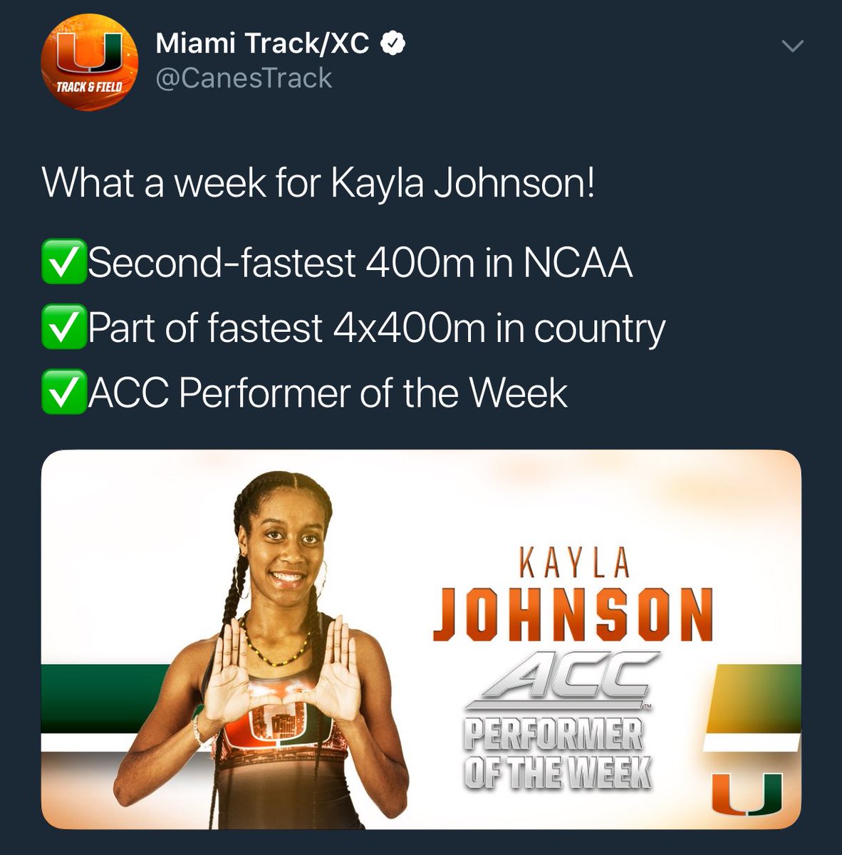 RMSH_Pirates's tweet photo. So much #PiratePride โ๏ธ for #RMECAlumni ๐ KAYLA JOHNSON! ๐๐ฟโโ๏ธ #RMEC #TrackStar ๐ #Miami #Run #TrackAndField #UniversityOfMiami #TheU was https://t.co/XP59OqOTxY
