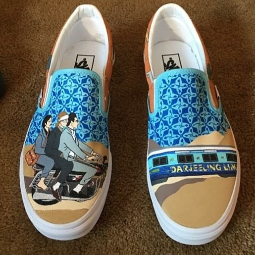 FlatironFwLtd's tweet photo. Darjeeling Limited inspired slip-ons. Hand painted by @Nate_Ferg. Contact us to order a pair or to create your own! #darjeeling #vans #shoes #custom #flatironfootwear #movies https://t.co/aGtr9vtCQC