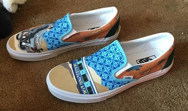 FlatironFwLtd's tweet photo. Darjeeling Limited inspired slip-ons. Hand painted by @Nate_Ferg. Contact us to order a pair or to create your own! #darjeeling #vans #shoes #custom #flatironfootwear #movies https://t.co/aGtr9vtCQC