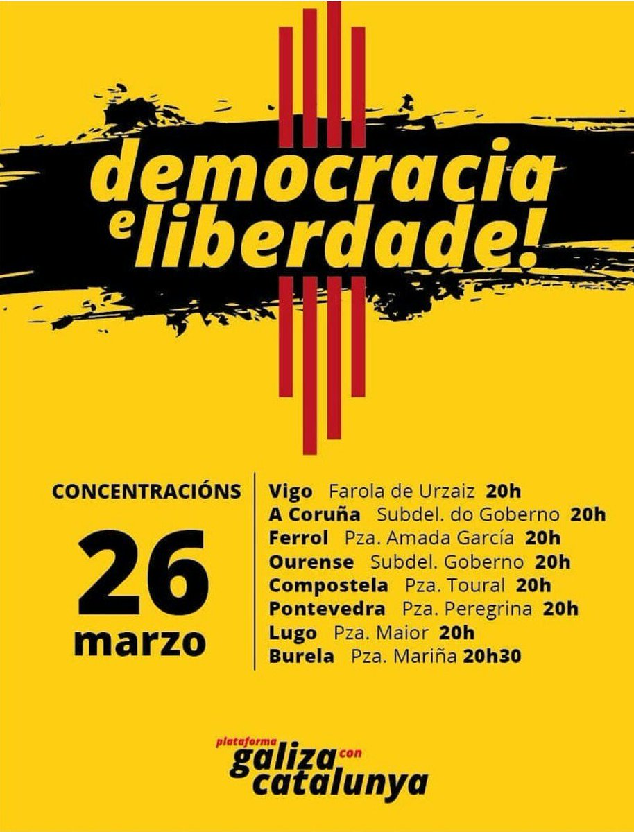 Mañá luns 26 de marzo concentracións pola democracia e a liberdade das presas políticas.
Na Coruña, ás 20h na Subdelegación do Goberno.
#BastaXa