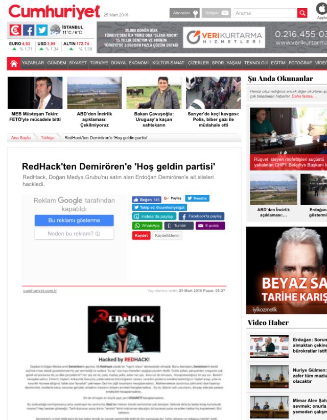 RedHackSokak's tweet image. Cumhuriyet Gazetesi Demirören şirketler grubunun #RedHack tarafından hacklendiği haberini tüm kamuoyuna duyurdu.
