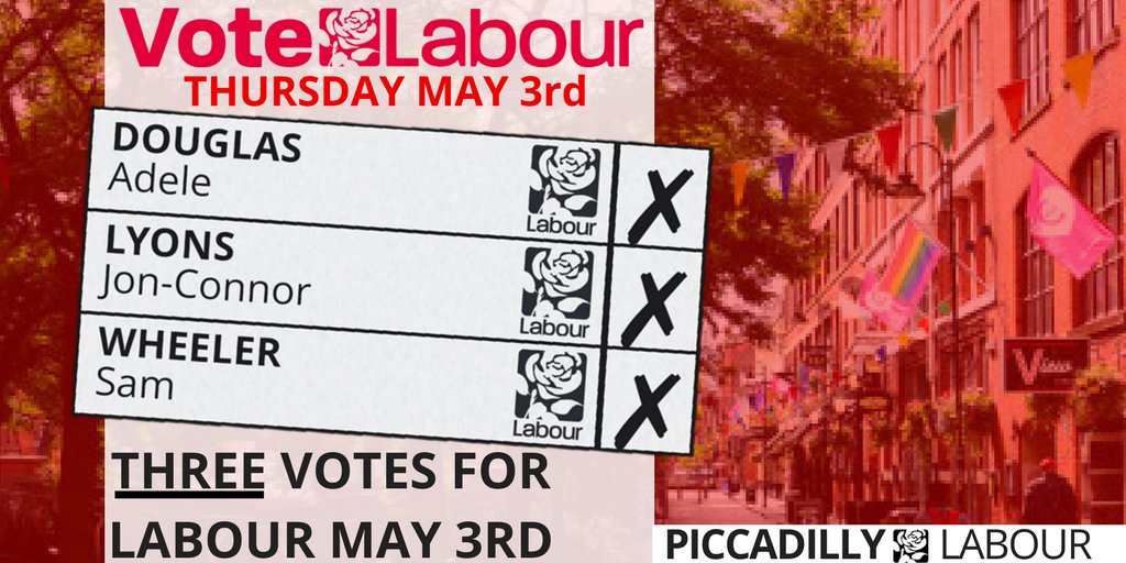 On May 3rd, cast your 3 votes for 
Adele Douglas
Jon-Connor Lyons
Sam Wheeler 
#3Votes4Labour #PiccadillyWard #PiccadillyLabour #Manchester #Labour #ForTheMany #NotTheFew