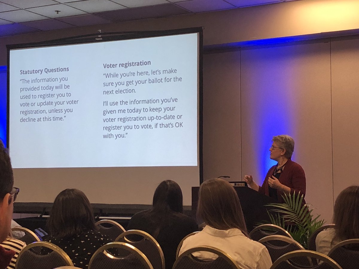 missing2inches's tweet photo. @whitneyq talking about Designing for democracy’s stakeholders. Tweaking language to improve service design for voter registration at the DMV. #ias18 https://t.co/BMAlgESGNS