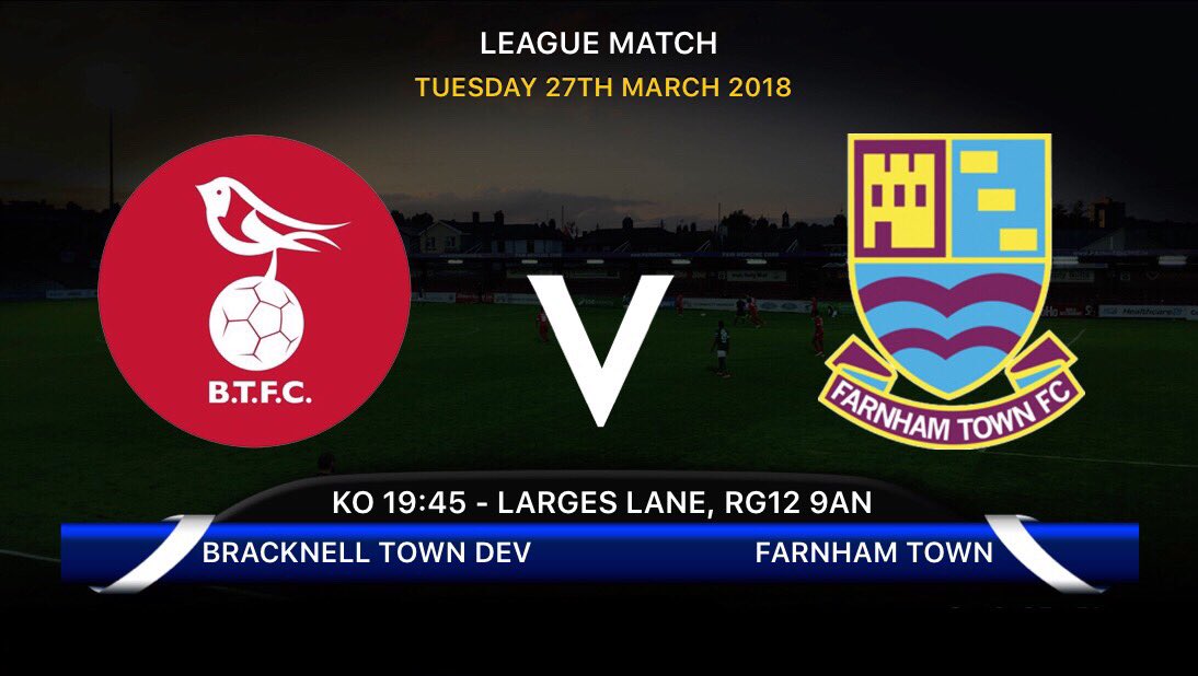 BracknellDev's tweet photo. TUESDAY night under lights, three points crucial to stay top of Suburban League. @BracknellTownFC fans we need you. Please support.

⚽️ vs. @FarnhamTownFC 
🏟 Larges Lane, RG12 9AN
📆 Tuesday 27th March
⏰ 7.45pm Kick Off
🏆 Suburban Central League
🎟 Adult£4/Concs£2/U16 Free https://t.co/nQ4J40qwcH