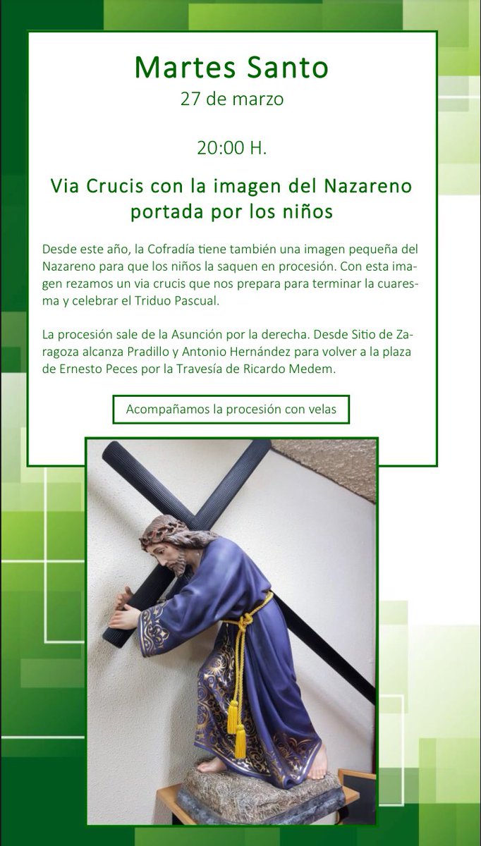 Os recordamos que el próximo martes a las 20 horas tendremos el Via Crucis con la Imagen de Jesús Nazareno Pequeño portado por niños/as.  NO OLVIDÉIS QUE HAY QUE LLEVAR VELA QUE LA COFRADÍA ESTÁ VENDIENDO PARA ELLO. #SemanaSantamostoles2018 #SemanaSanta2018