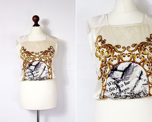 StudioCourtenay's tweet photo. We love this unique handmade silk Baroque and newspaper print tee - we think it may have been repurposed from a scarf - get it online! - - - - - #clothing #style #retro #eclectic #remixstyle #streetstyle #styledbyme #trendlistr #trendlisters #vintage #vin… https://t.co/2Vp7Z6QNUG