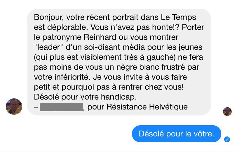 slashmedia_ch's tweet photo. Slash a pris connaissance d’un message d’une extrême violence envoyé à son rédacteur en chef, par un individu se revendiquant membre de Résistance Helvétique, suite à son portrait paru dans Le Temps du 23 mars 2018 https://t.co/YXM2dfkYYe
Cc. @mtourereinhard @RH1291 @letemps https://t.co/nN3xZqBiMR