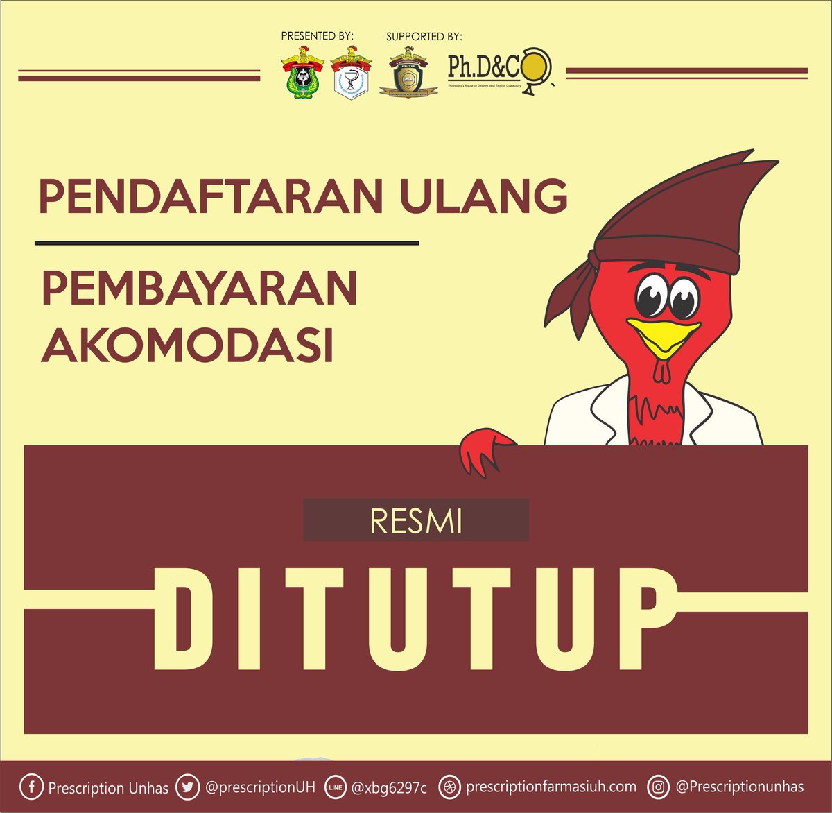 assalamualaikum wr.wb
Hi sahabat prescription

Terima kasih telah berpartisipasi dalam Lomba Prescription 2018

Kami mengingatkan bahwa PENDAFTARAN ULANG DAN PEMBAYARAN BIAYA AKOMODASI HARI INI TELAH DITUTUP.