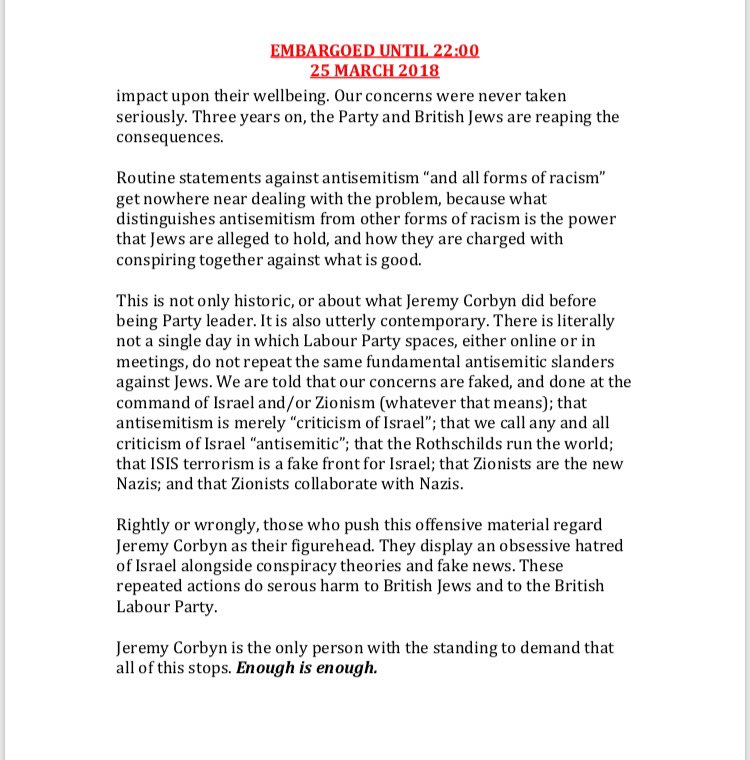 PaulBrandITV's tweet image. NEW: Full text of statement from @BoardofDeputies and Jewish Leadership Council accusing Jeremy Corbyn of siding with antisemites over Jewish people and stating “enough is enough”. Tonight Corbyn said sorry for antisemitism in the party but they are standing by statement.