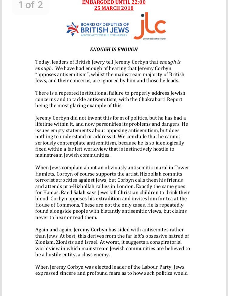 PaulBrandITV's tweet image. NEW: Full text of statement from @BoardofDeputies and Jewish Leadership Council accusing Jeremy Corbyn of siding with antisemites over Jewish people and stating “enough is enough”. Tonight Corbyn said sorry for antisemitism in the party but they are standing by statement.
