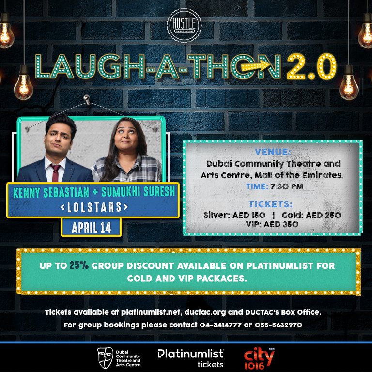 Catch <a href="/knowkenny/">Kenny Sebastian</a> &amp; <a href="/sumukhisuresh/">Sumukhi Suresh</a> perform LIVE in Dubai at DUCTAC, <a href="/MallofEmirates/">Mall of the Emirates</a> on April 14th! Get your tickets <a href="/DUCTAC/">DUCTAC</a> or <a href="/Platinumlist/">Platinumlist</a>