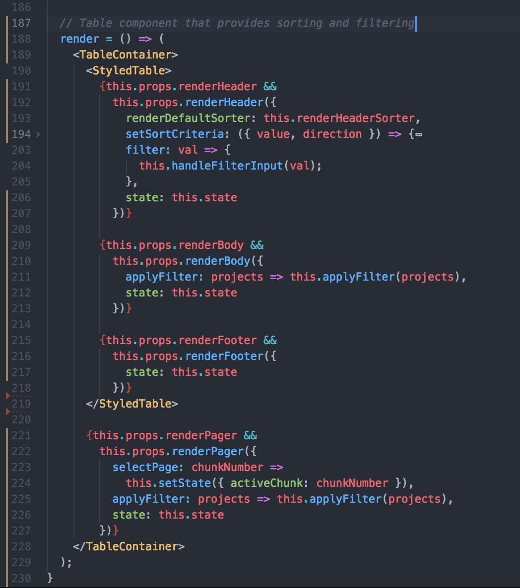 rvalta's tweet image. Exploring #renderProps in @reactjs with a table component that sorts and filters your data. So much more transparent and explicit than other such “provider” patterns.