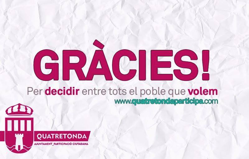 Moltíssimes gràcies a les 551 persones que heu fet possible #QuatretondaParticipa. Vosaltres decidiu el futur del nostre poble!