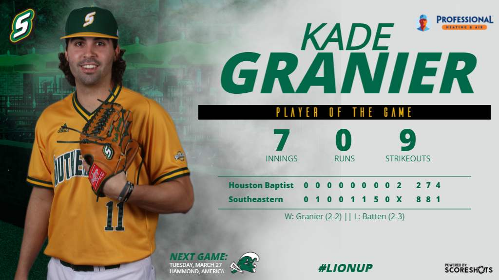 LionUpAthletics's tweet photo. B| Tying a career high today with 9 strikeouts in his seven shutout innings, Kade Granier is our Professional Heating &amp; Air Heating Up Player of the Game. https://t.co/zwwNW9h5yv
