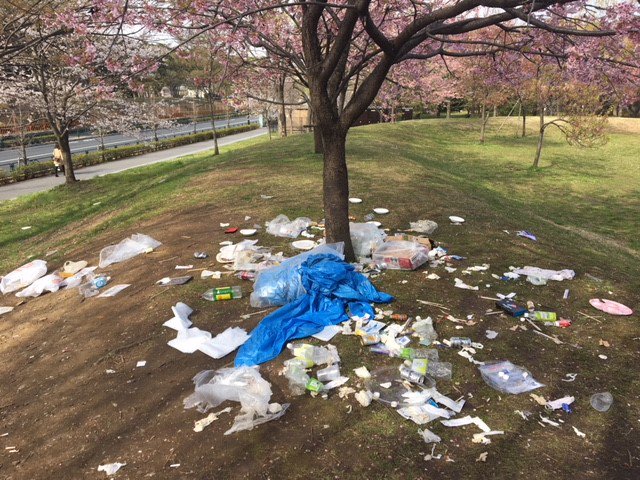 お花見の後にゴミを捨てていかないで