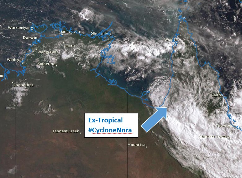 BOM_NT's tweet photo. Ex-tropical #CycloneNora is now a slow moving low, expected to head west towards the #NT from Tuesday. Rainfall in the 30-50mm range is likely for parts of the #Carpentaria and #Barkly districts from mid-week https://t.co/RfNlyXSApZ https://t.co/HuQT7Rk0Cp