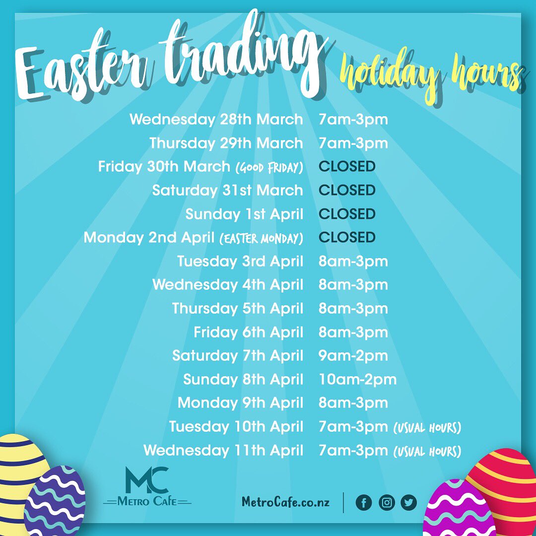 metrocafenz's tweet photo. 🐰🐣🐇Check out our Easter trading holiday hours!!

📍222 Hobson Street, Auckland CBD

#auckland #aucklandlife #aucklander #aucklandcity #aucklandcbd #skycity #skytowernz #aucklandcoffee #easter #easterholidays #kiwistyle #newzealand #nzcoffee #nztrip #nzmornings #eastereggs https://t.co/0wx0pLE84s