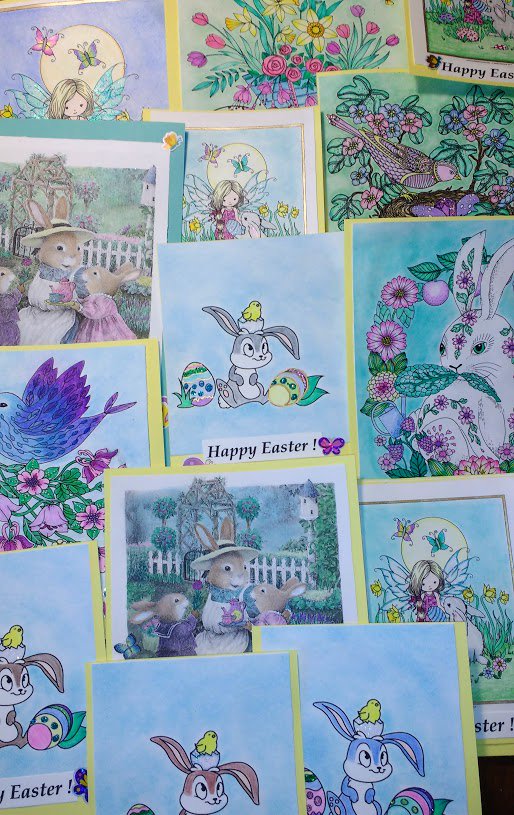 cheryljs1's tweet photo. Easter cards for the seniors residence, special thanks to; #mollyharrison #elerifowler #hannakarlzon
#mariatrolle #susanwheeler #panpastels
#carandache #sakurapens #adultcoloring #cardmaking https://t.co/jyeMOHLMdv