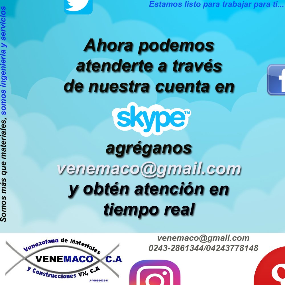 Venemaco's tweet photo. ¡Conectate en tiempo real con nuestro asesores a través de nuestra cuenta en #Skype, y obtén atención como la mereces! Puedes conseguirnos como #venemaco y recuerda, somos más que materiales, somos ingeniería y servicios https://t.co/hC06iZTxb2