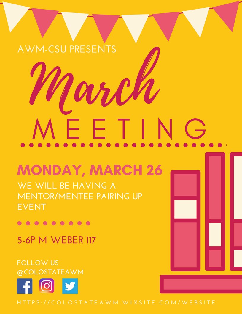 colostateawm's tweet image. This month, our AWM-CSU chapter will be hosting a Mentor/Mentee event. We will be pairing up mentors with a mentee. Hope to see you all there tomorrow evening!