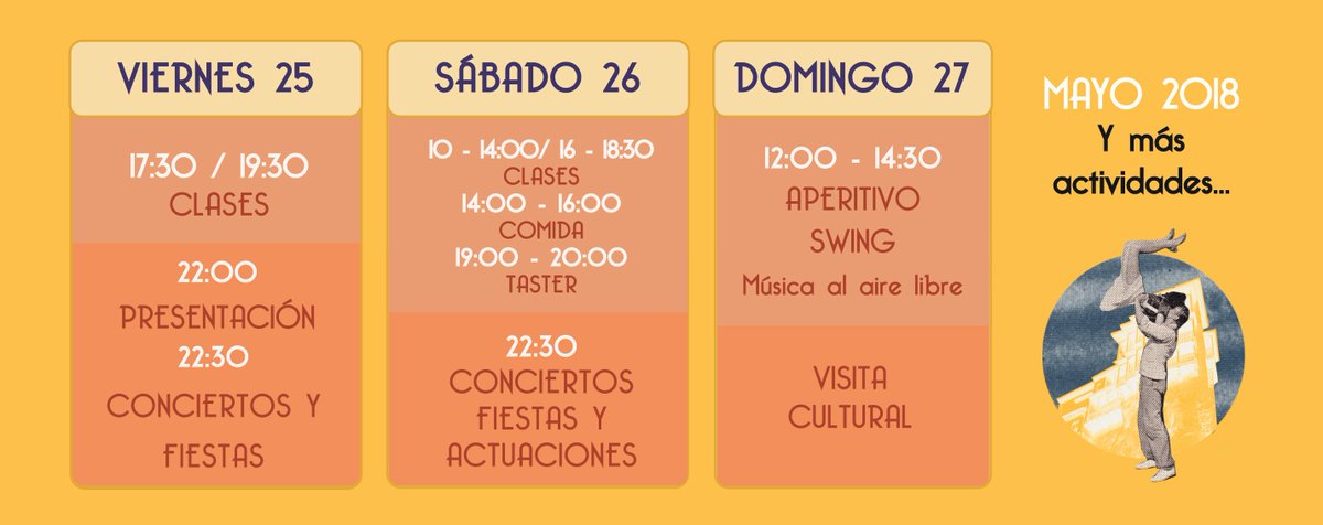 cuencaswing's tweet photo. @blancoynegro007 @cuencaswing #lindyhop #lindyhopppers Swing Festival 2018. 25, 26 y 27 de Mayo. Para REGISTRARTE rellena nuestro formulario 🙂To REGISTER please fill our form 🙂https://t.co/rzlrh63U3i
Evento en Facebook
https://t.co/75oOpNGoMg https://t.co/qpFh5c0FQN