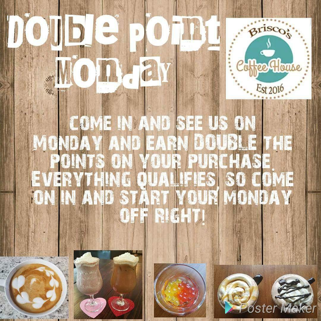 Briscoscoffee's tweet photo. Start your Monday morning at Brisco's Coffee House with double points on all purchases all day!! @Briscoscoffee @StocktonGraham @dilworthcoffee https://t.co/pOKtd9wK1I