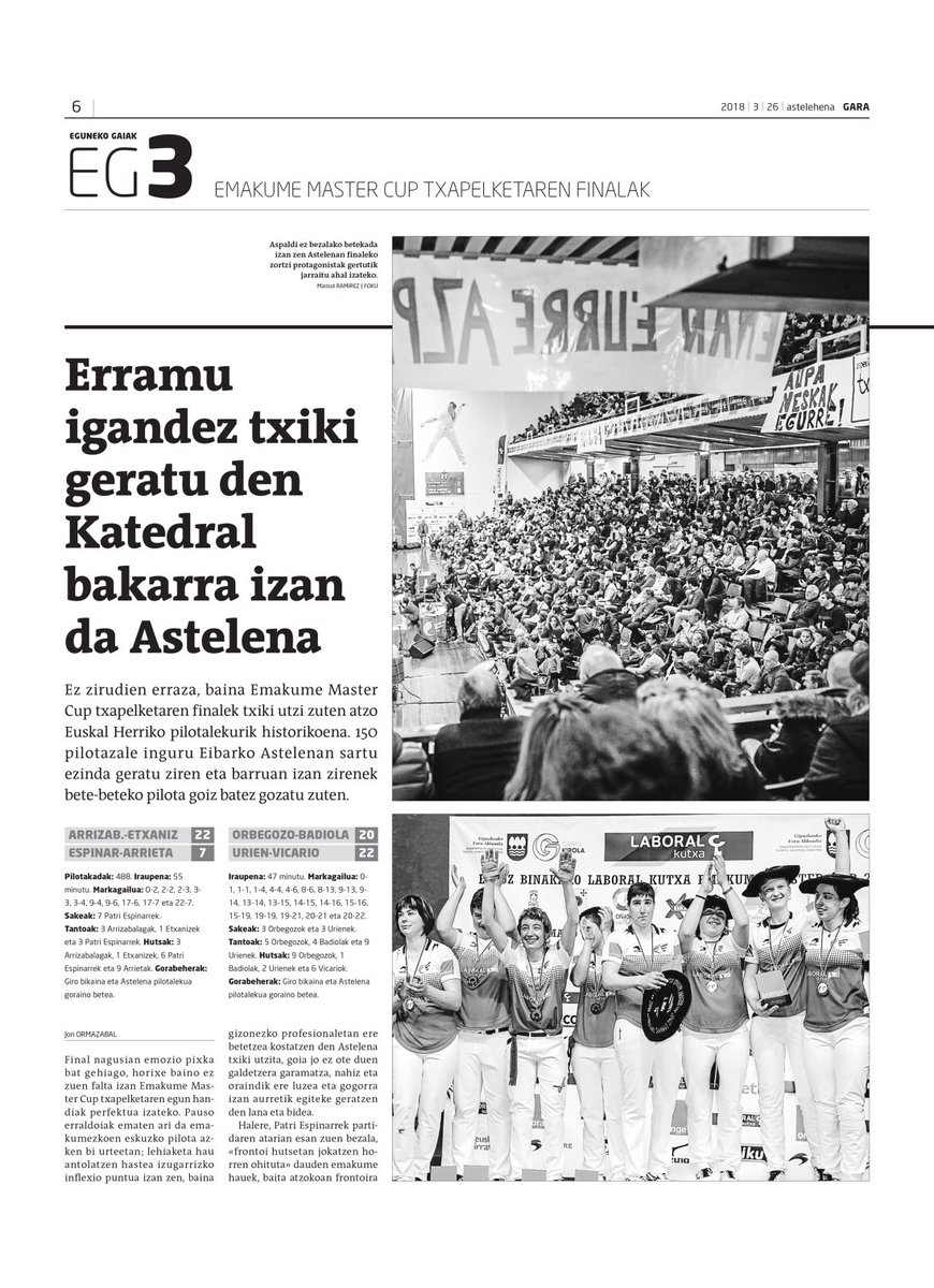 iPatxi's tweet photo. #EmakumeMasterCUP Eibar #Astelehena

#GARA egunkariko kronika irakurri eta hunkitzeraino pozten naiz. 
Jon Ormazabal kazetariak #musika eta #aurkezpena, antolaketa ona, pantailak goraipatzen ditu, eta eredugarri jarri pilota munduan. 

Zorionak #XAKER! 
https://t.co/ZrbpFhh4RO https://t.co/OU4uJEojAf