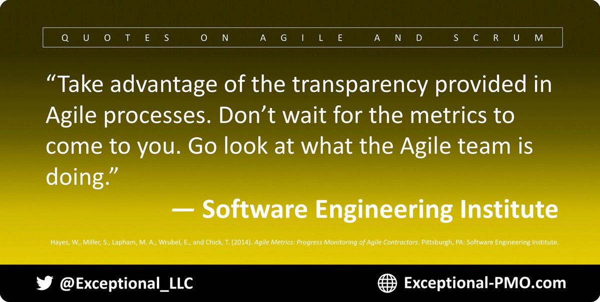 Exceptional_LLC's tweet photo. “Take advantage of the transparency provided in Agile processes. Don’t wait for the metrics to come to you.”
#agile #metrics #transparency #monitoring #reporting #project #projectmetrics #projectmgmt #projectmanagement #SEI #SoftwareEngineeringInstitute #quote https://t.co/MEX6XHLdrU