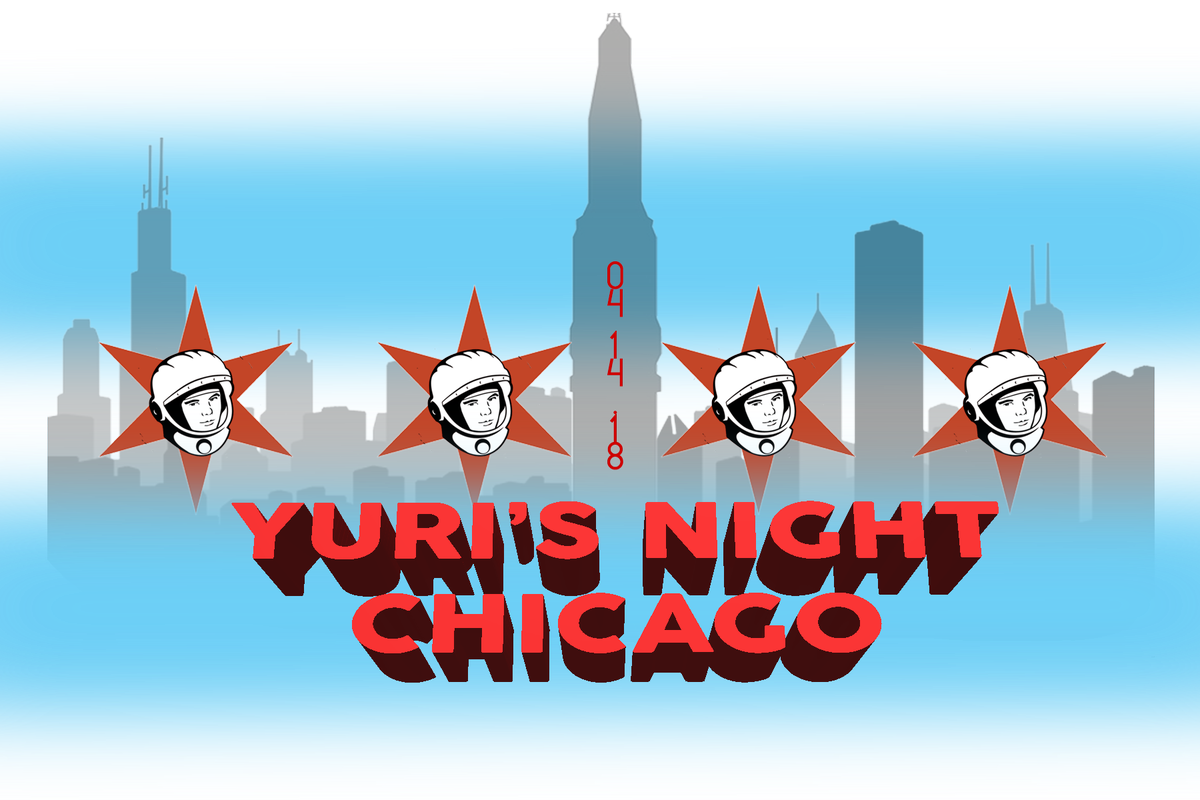 YurisNightChi's tweet photo. New logo for #YurisNight here in the Second City. That's a Saturn V joining the Chicago skyline. (The amateur photoshop work is mine and mine alone. Compliments are welcome. Criticisms? Sure, fire away.) https://t.co/heSB0wGjCk