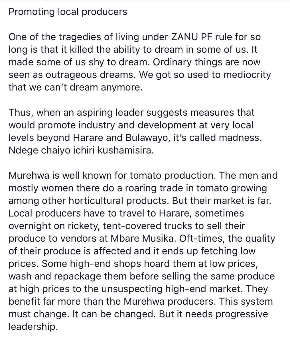 Wamagaisa's tweet photo. I have read some ridiculous comments on Nelson Chamisa’s remarks regarding promoting local horticultural producers in Murehwa. My few observations on the matter: https://t.co/WIT9M1IoHs