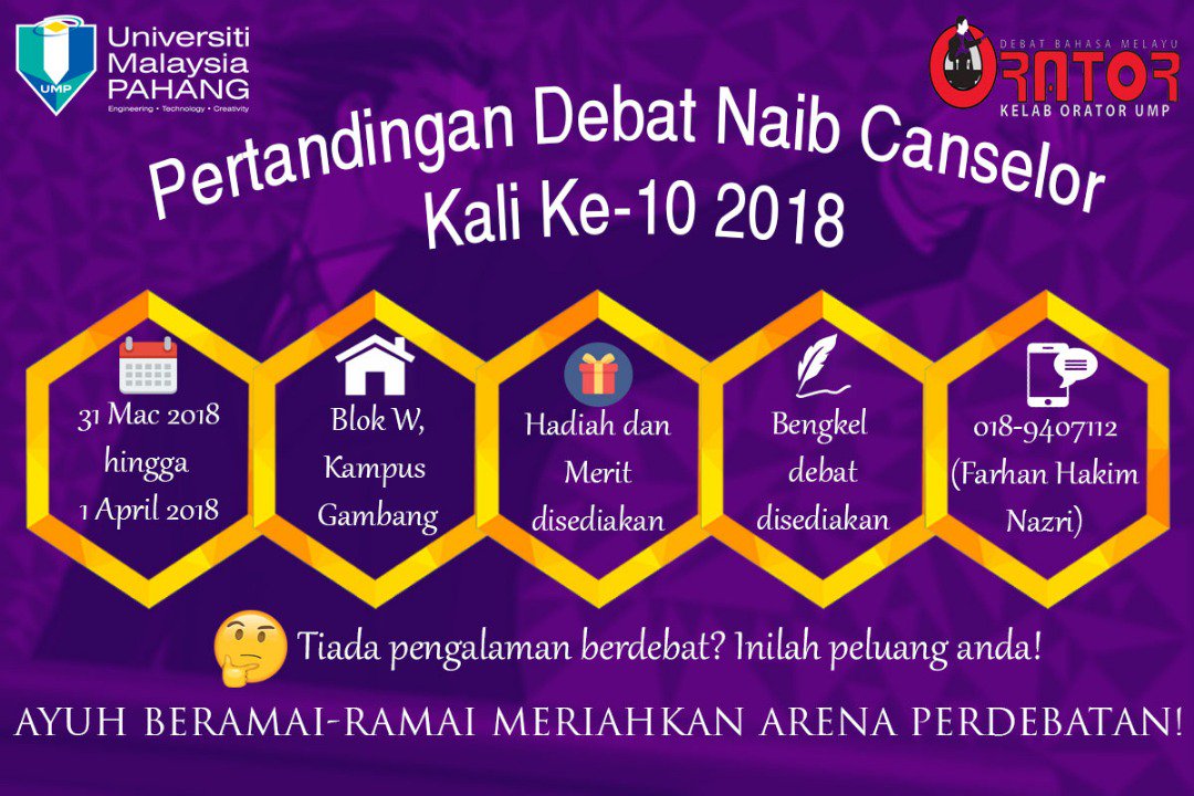 OratorUMP's tweet photo. Jangan sembang kencang sahaja! 

Anda masih lagi berpeluang mendaftar untuk berdebat di platform yang betul dengan menyertai Pertandingan Debat NC 2018.
Hubungi saudara Farhan (018-940 7112) untuk mendaftar. 

@TwtUMP @TwtMECHAPRO @TwtUMP_FIM @AlumniUmp @fskkp @TwtEEES @CHESTUMP https://t.co/a8W00NwcXC