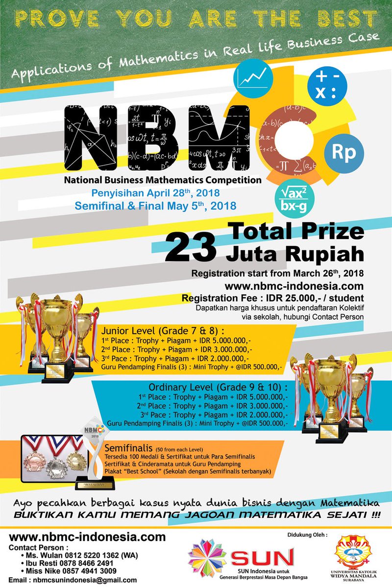 Ayo Pelajar kelas 7, 8, 9, &amp; 10 pecahkan berbagai kasus nyata dunia bisnis dengan matematika.
Buktikan Kamu Memang Jagoan Matematika Sejati !!!
