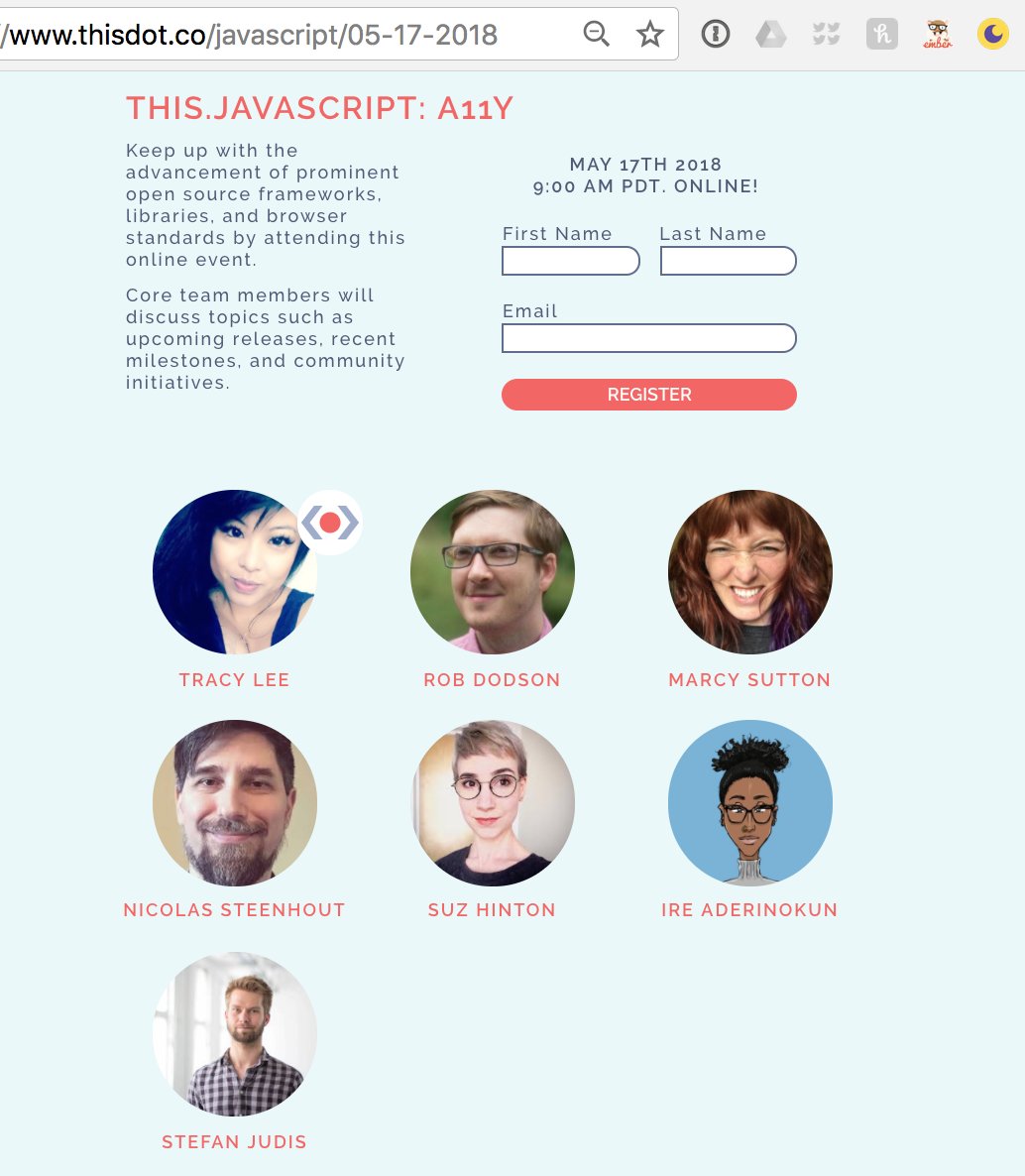 ladyleet's tweet image. Have a really lovely lineup for #a11y day and our State of Accessibility event! Come hear @marcysutton @rob_dodson @stefanjudis @noopkat @ireaderinokun and @vavroom speak about the latest developments. 

thisdot.co/javascript/05-…