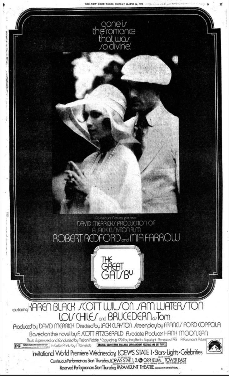 The Gala Premiere of JackClayton's film of THE GREAT GATSBY was 2 days away OTD in 1974. HowardDaSilva played Wilson in the '49 version & played MeyerWolfsheim here. JohnBox won a BAFTA for his art direction making beautiful use of Rosecliff & MarbleHouse in Newport for locations