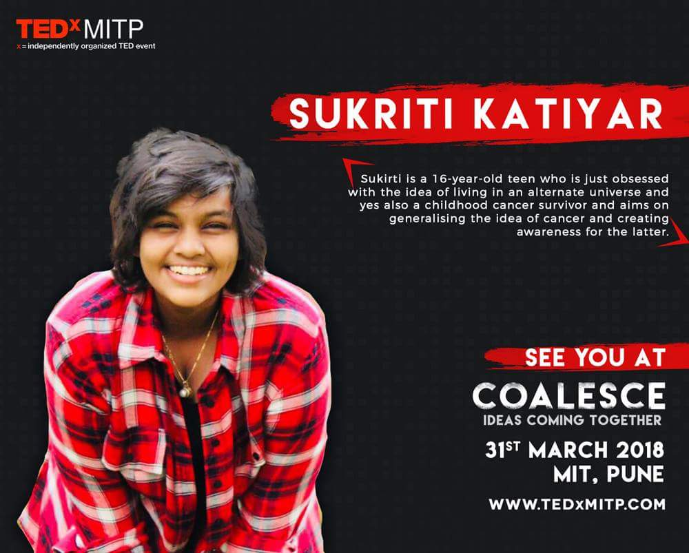 TEDxMITP's tweet photo. Speaker Announcement #4

Sukriti Katiyar - 15 yr old Cancer Survivor

#TEDxMITP #Coalesce

If you haven't registered yet, book your spots now: https://t.co/PZXUkfltqj https://t.co/aMPbWPrJ1q
